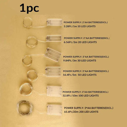 Battery-Powered LED Copper Wire Fairy Lights – 1/2/3/5/10M for Bedroom, Garden, Party & Wedding Decoration